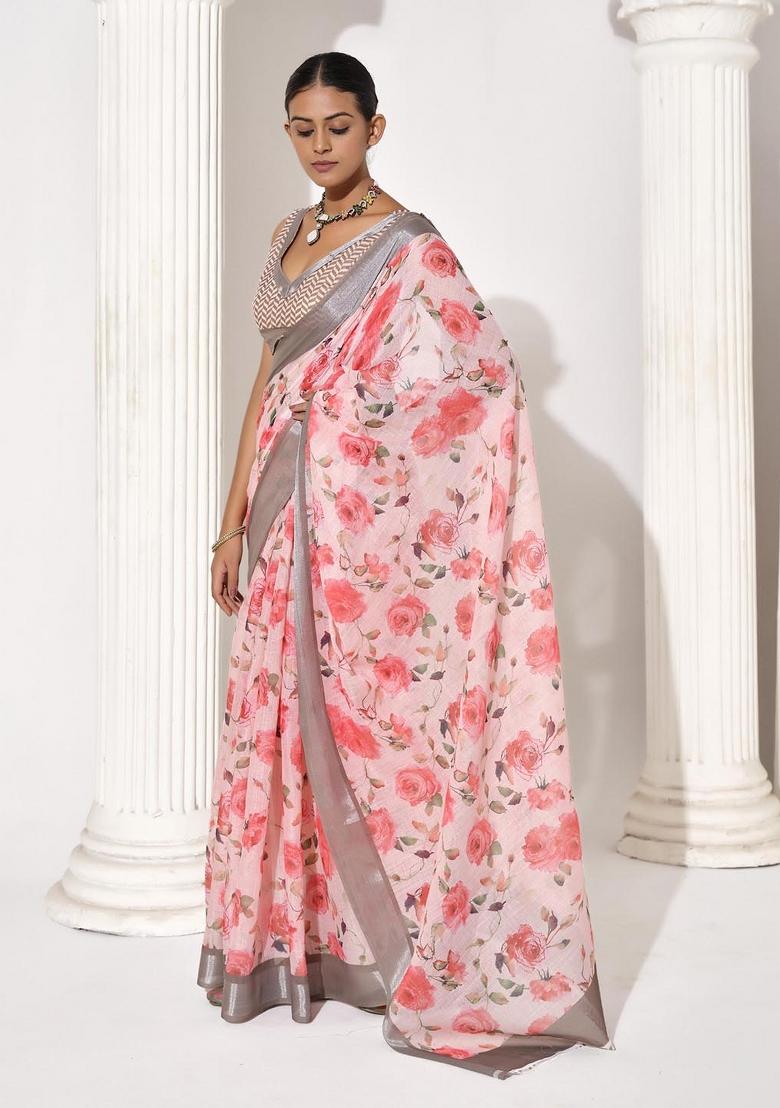 Pink Printed Cotton Blend Saree Set