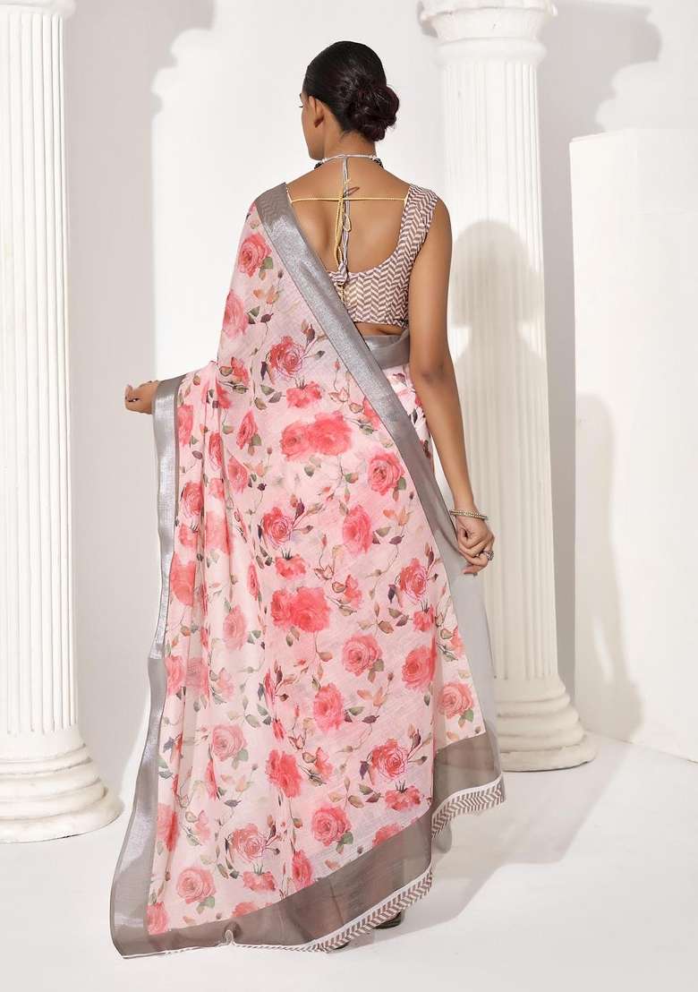 Pink Printed Cotton Blend Saree Set - Indya