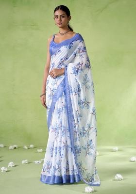 Blue Printed Cotton Blend Saree Set