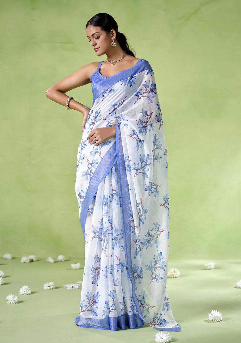 Blue Printed Cotton Blend Saree Set