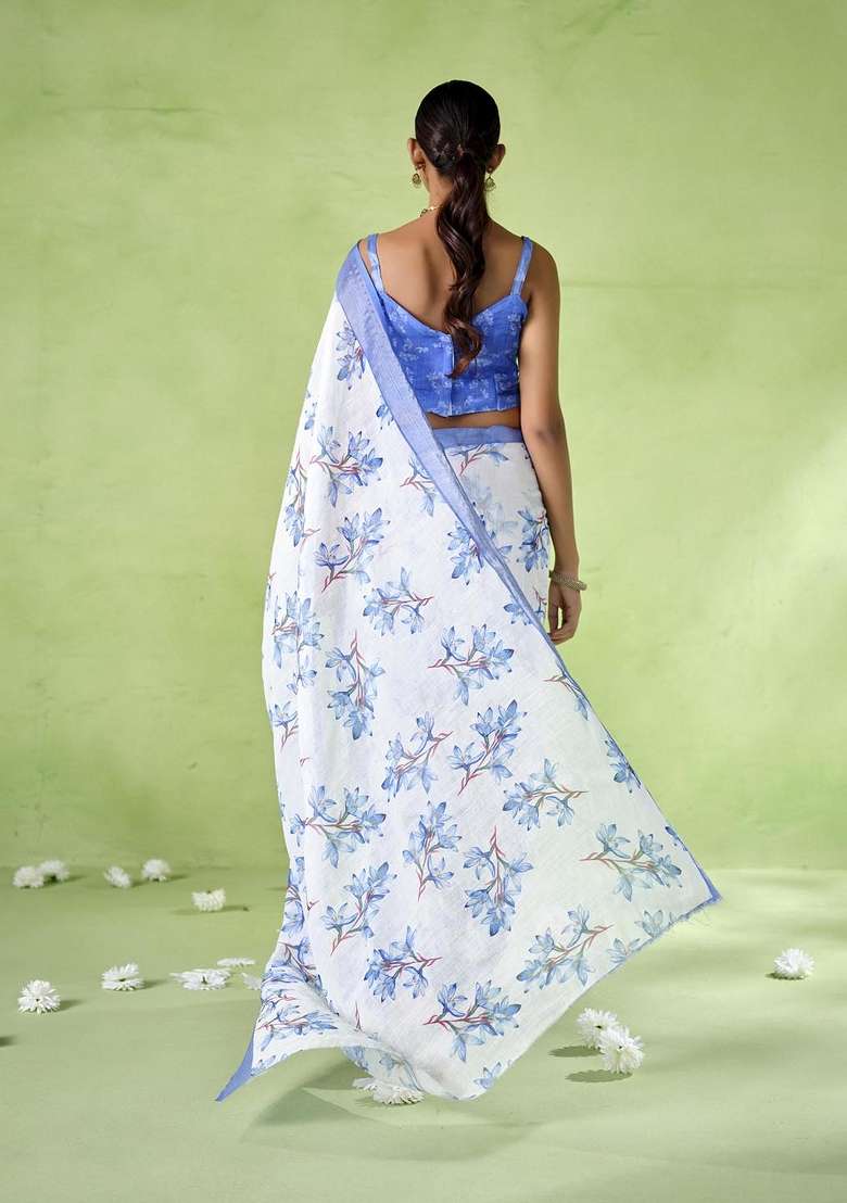 Blue Printed Cotton Blend Saree Set - Indya