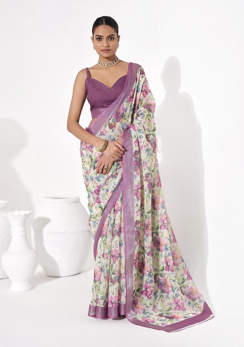 Multicolor Printed Cotton Blend Saree Set