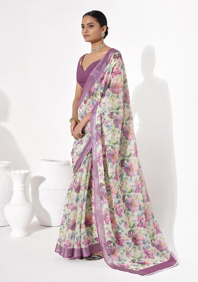 Multicolor Printed Cotton Blend Saree Set