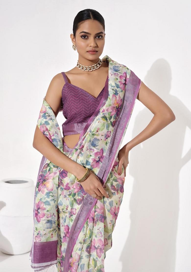 Multicolor Printed Cotton Blend Saree Set