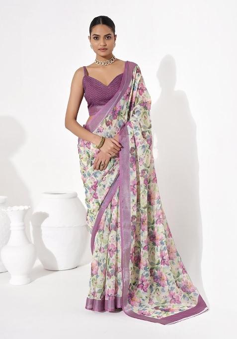 Multicolor Printed Cotton Blend Saree Set