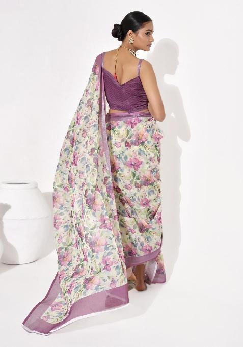 Multicolor Printed Cotton Blend Saree Set