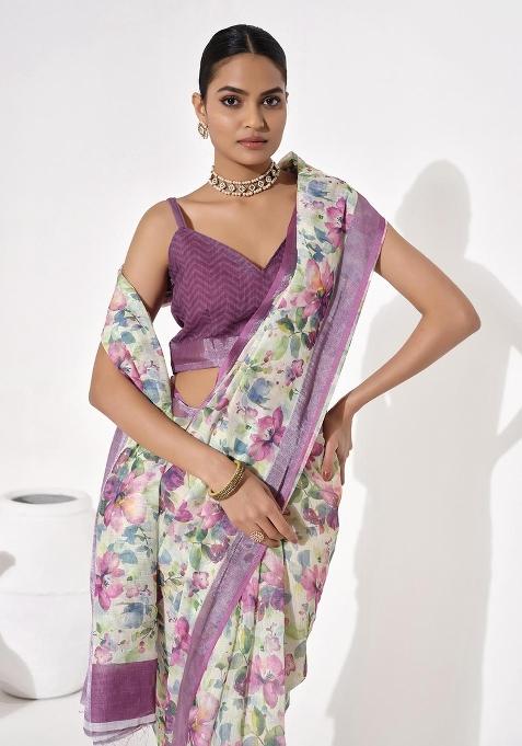 Multicolor Printed Cotton Blend Saree Set