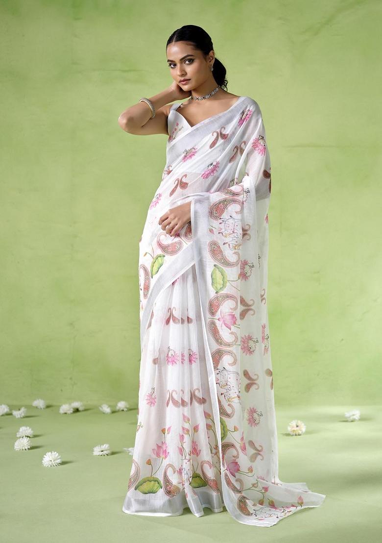 Multicolor Printed Cotton Blend Saree Set