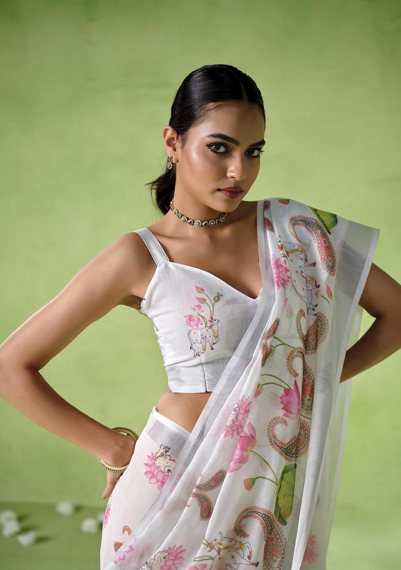 Multicolor Printed Cotton Blend Saree Set