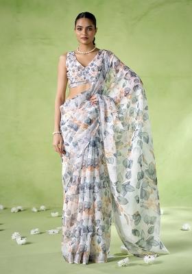 Multicolor Printed Cotton Blend Saree Set