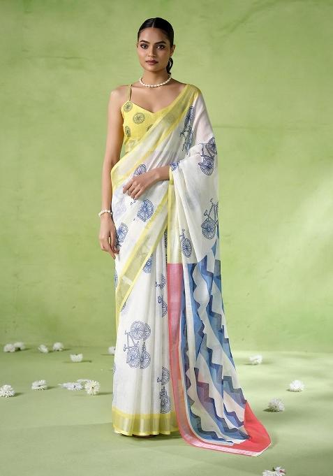 Multicolor Printed Cotton Blend Saree Set