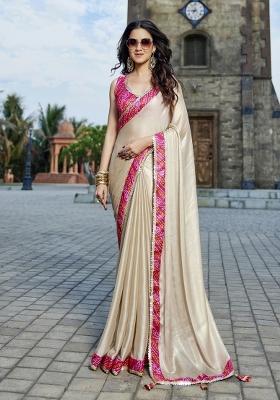 Beige Embellished Georgette Saree Set