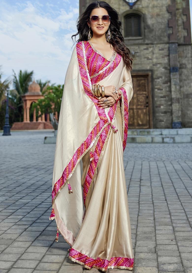 Beige Embellished Georgette Saree Set