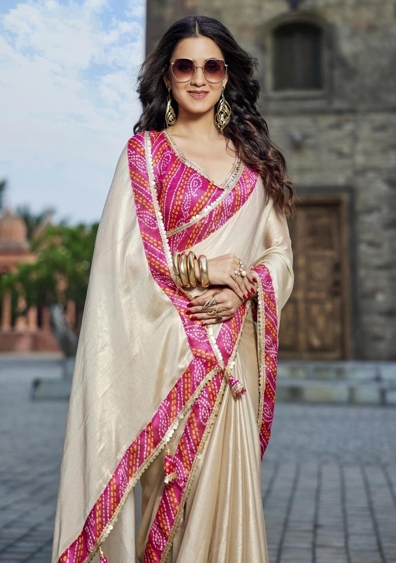 Beige Embellished Georgette Saree Set