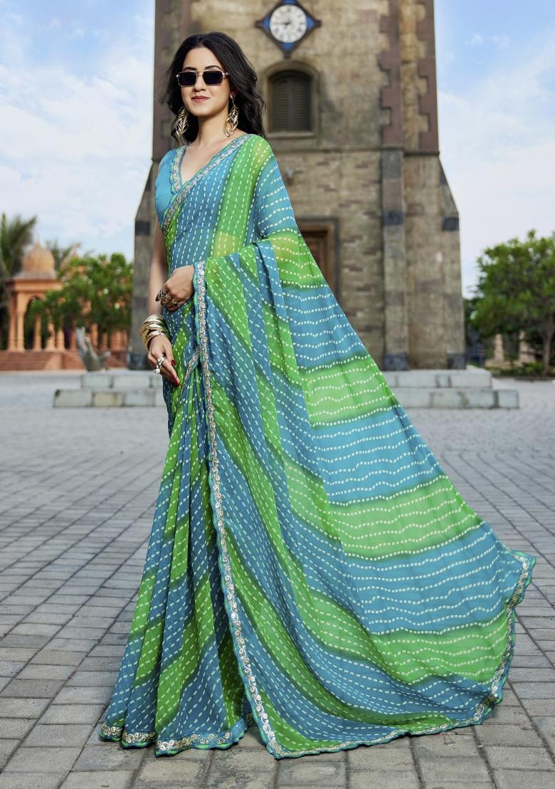 Blue And Green Embellished Georgette Saree Set