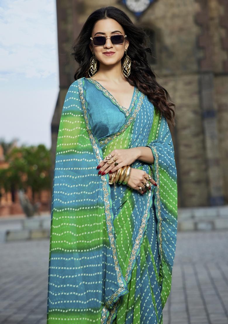 Blue And Green Embellished Georgette Saree Set