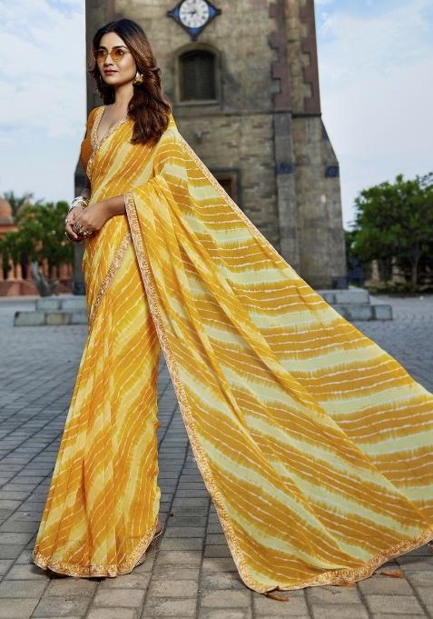 Yellow Embellished Georgette Saree Set