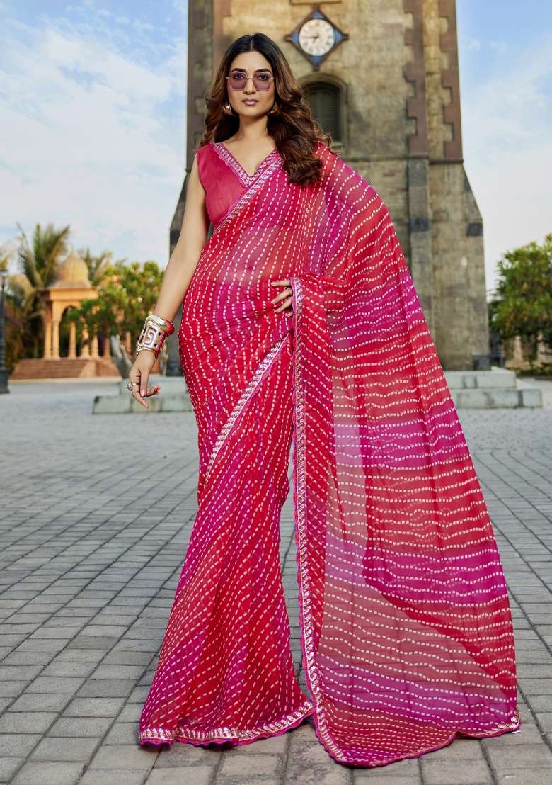 Pink Embellished Georgette Saree Set - Indya