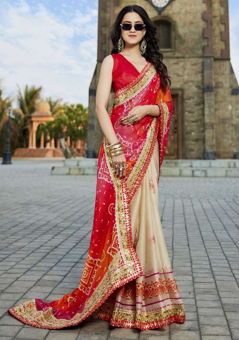 Red Embellished Georgette Saree Set - Indya