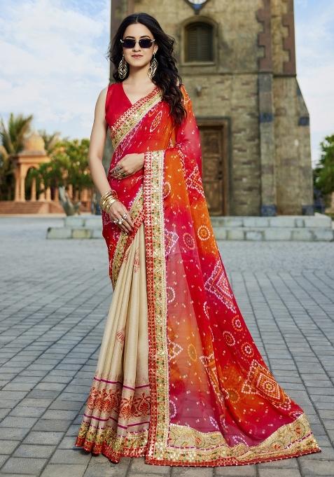 Red Embellished Georgette Saree Set
