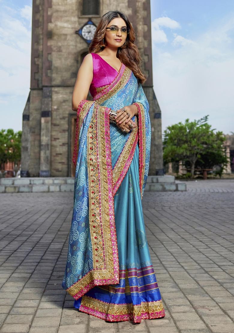 Blue Embellished Georgette Saree Set