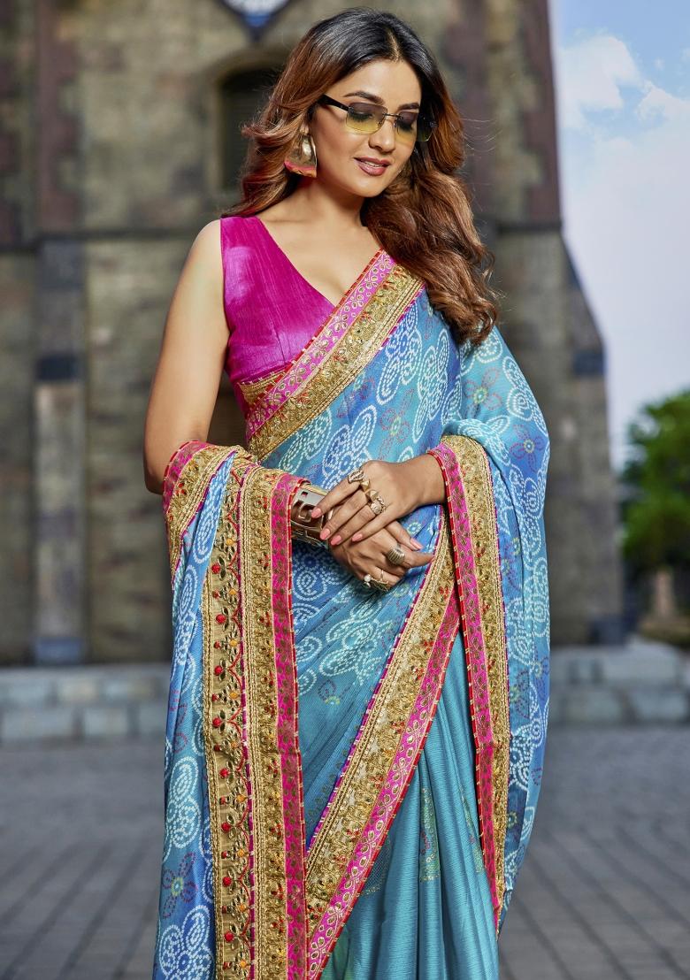 Blue Embellished Georgette Saree Set