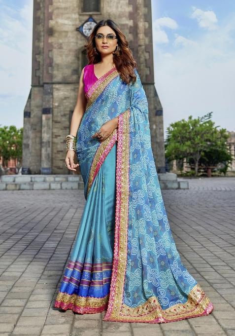 Blue Embellished Georgette Saree Set