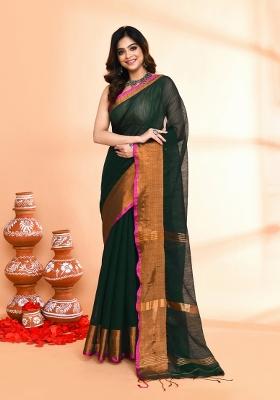 Dark Green Embroidered Cotton Saree Set