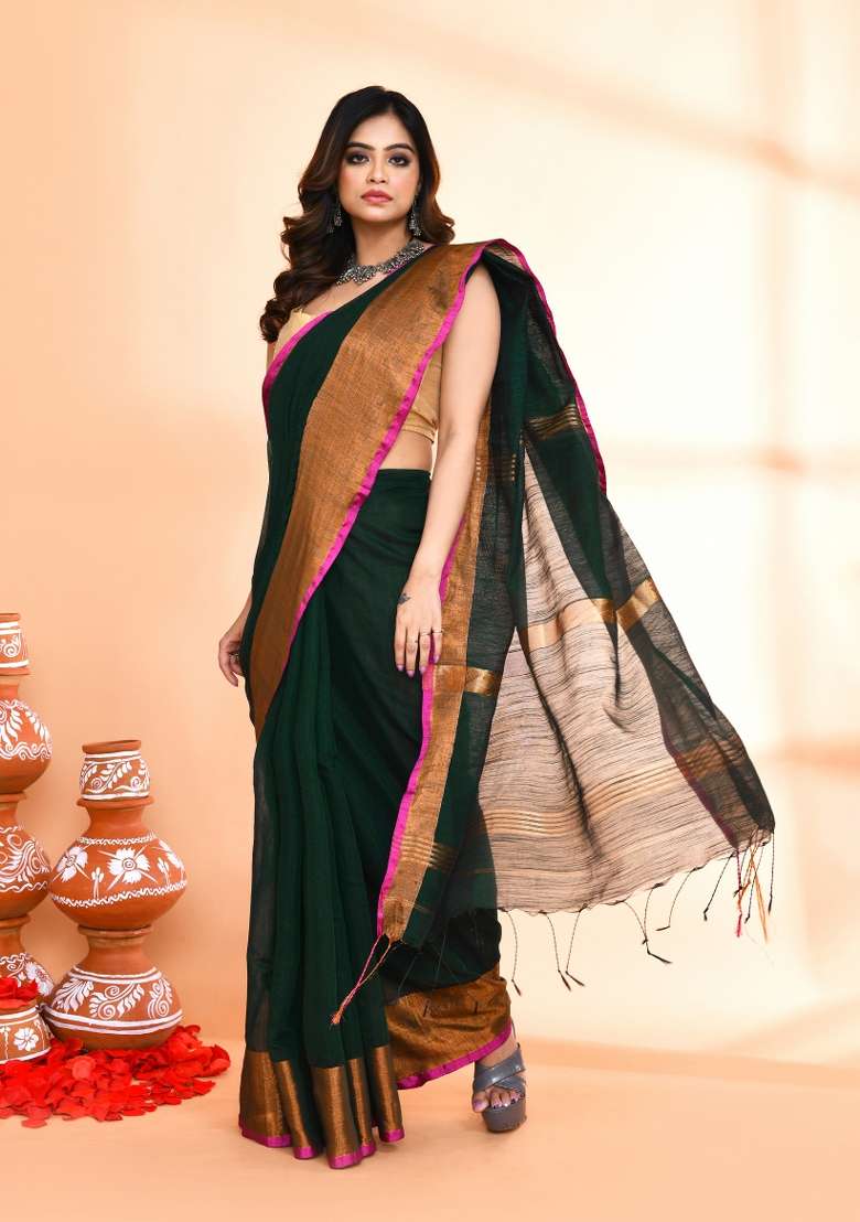 Dark Green Embroidered Cotton Saree Set for Diwali and Festive Wear - Indya
