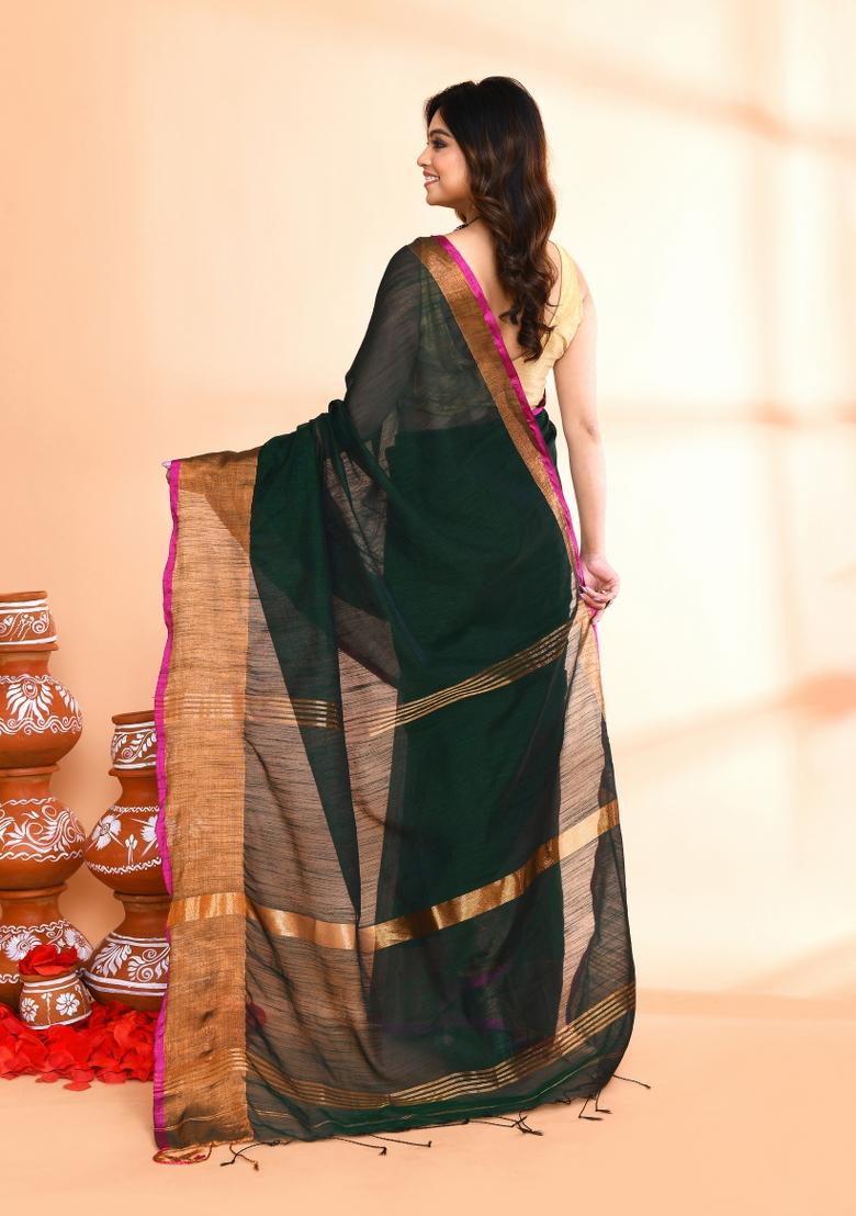 Dark Green Embroidered Cotton Saree Set