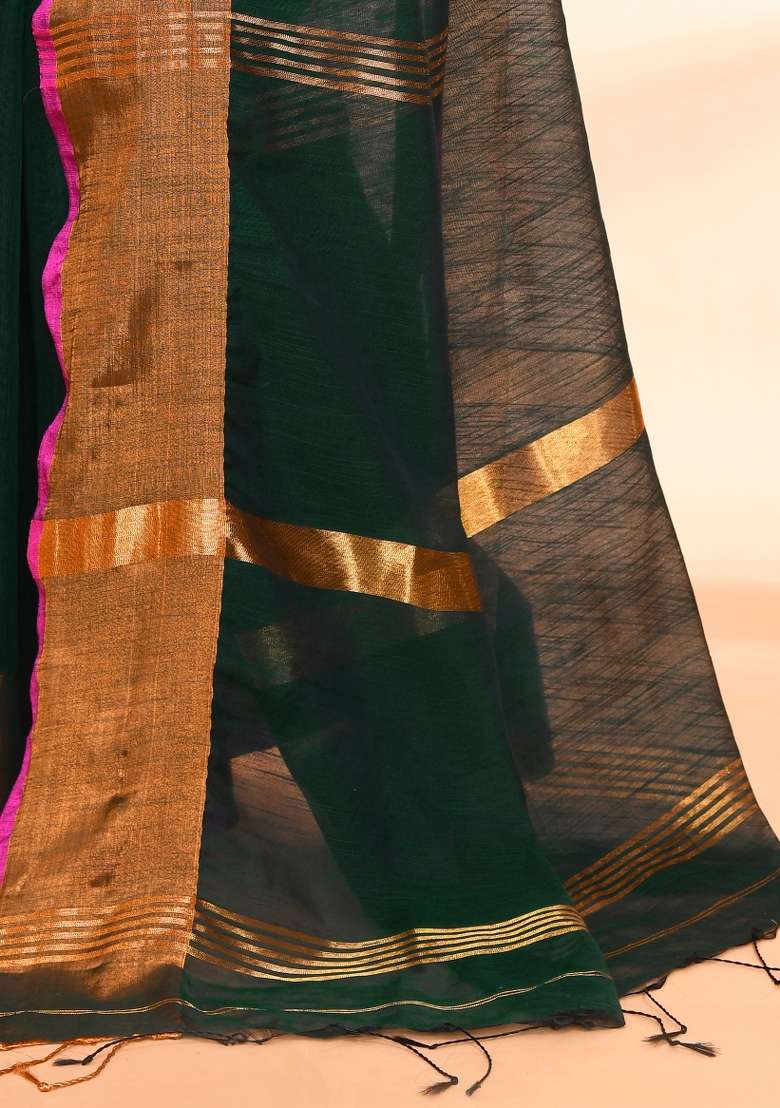 Dark Green Embroidered Cotton Saree Set for Diwali and Festive Wear - Indya