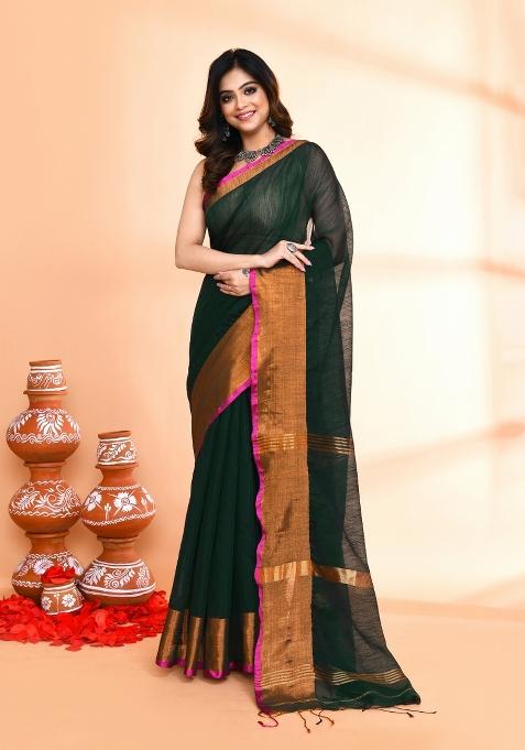 Dark Green Embroidered Cotton Saree Set