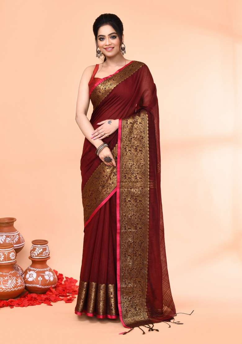 Maroon Embroidered Cotton Saree Set for Diwali and Festive Wear - Indya