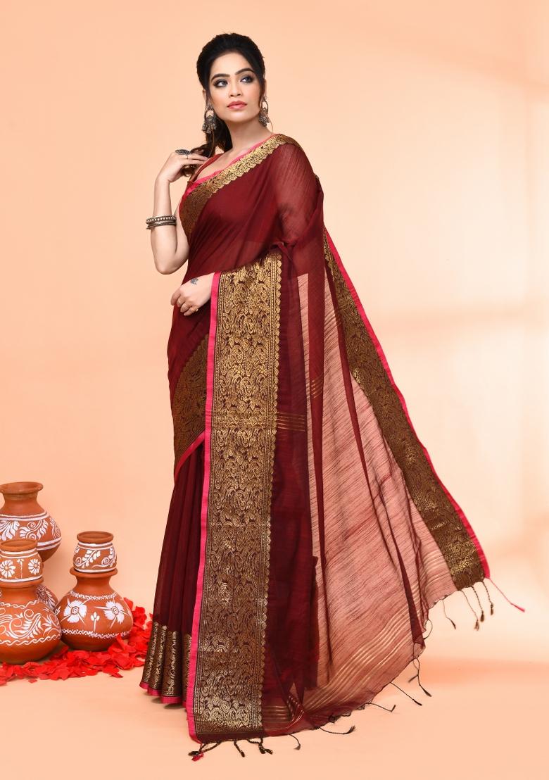 Maroon Embroidered Cotton Saree Set