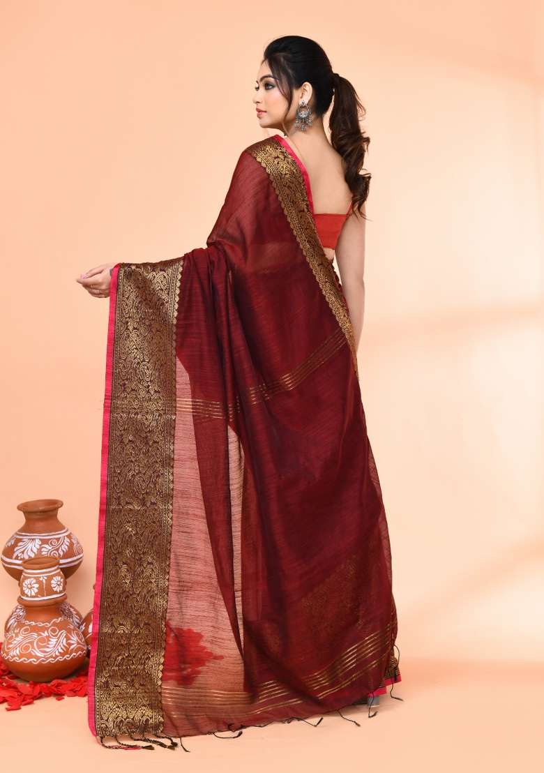 Maroon Embroidered Cotton Saree Set for Diwali and Festive Wear - Indya