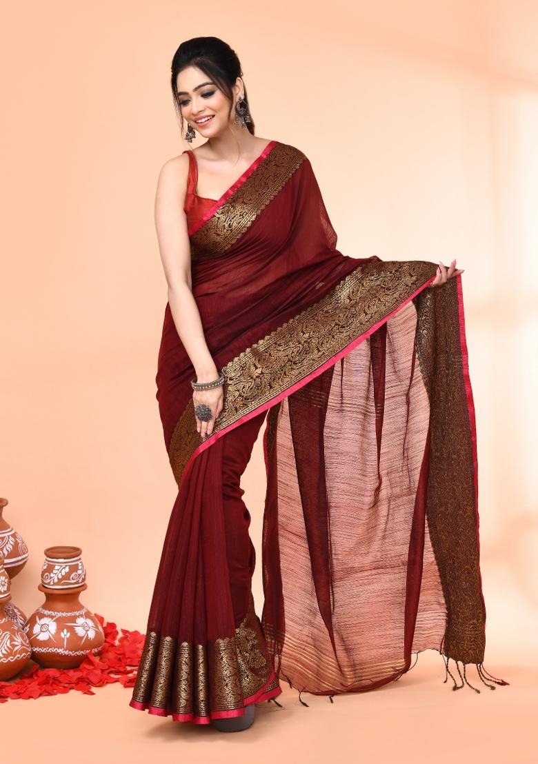Maroon Embroidered Cotton Saree Set