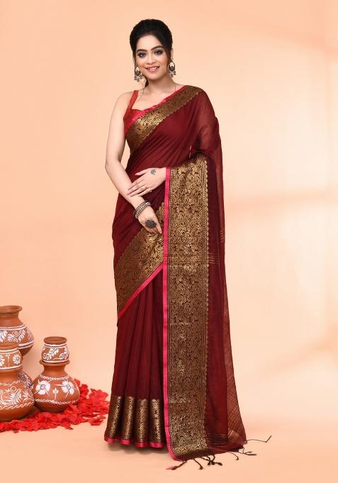 Maroon Embroidered Cotton Saree Set