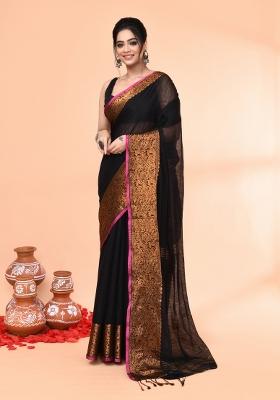 Black Embroidered Cotton Saree Set