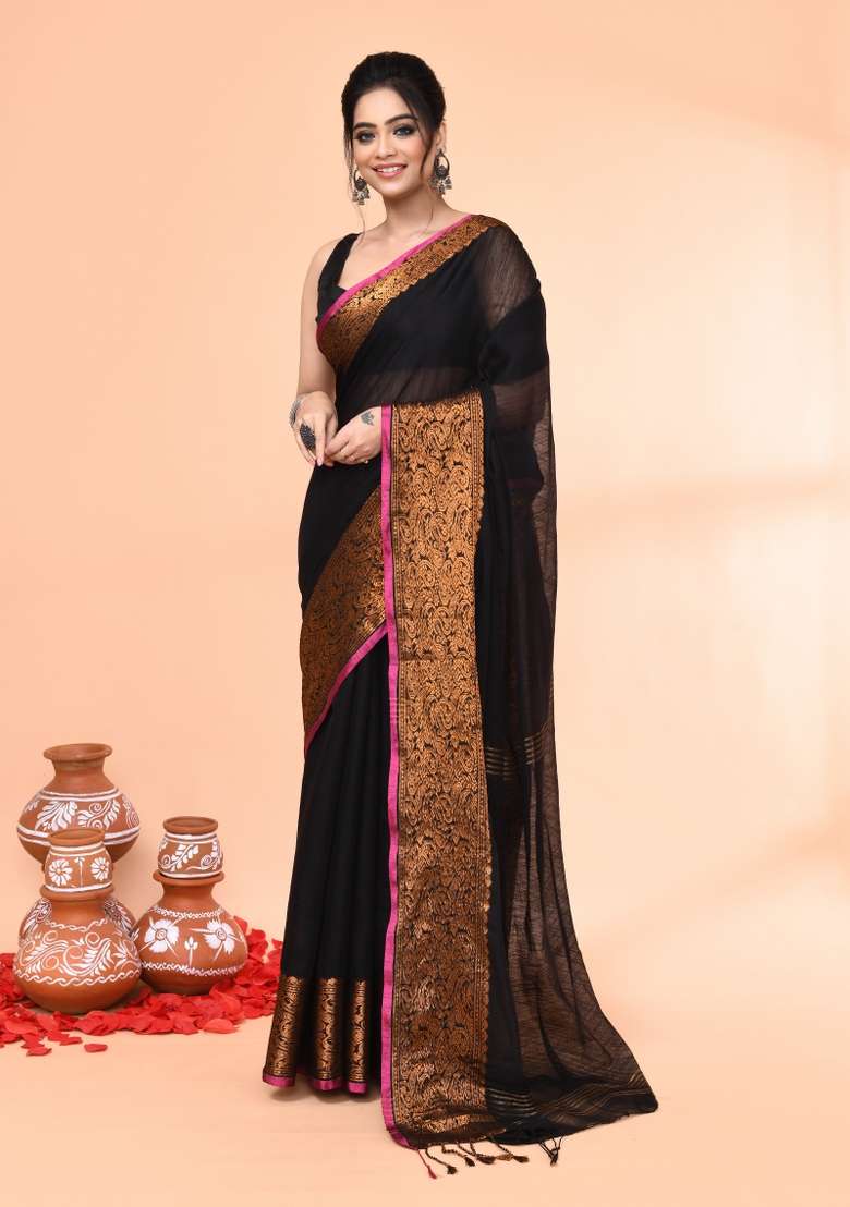Black Embroidered Cotton Saree Set for Diwali and Festive Wear - Indya