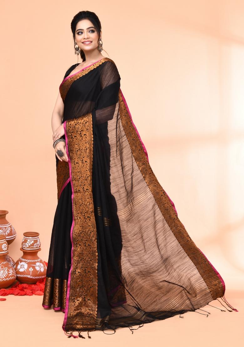 Black Embroidered Cotton Saree Set