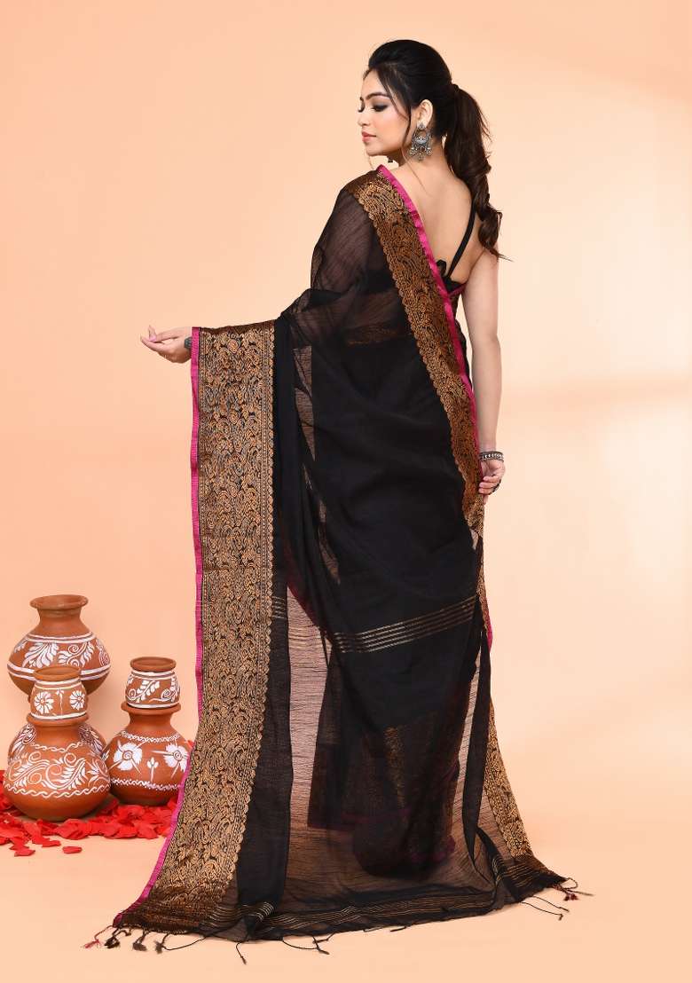 Black Embroidered Cotton Saree Set for Diwali and Festive Wear - Indya