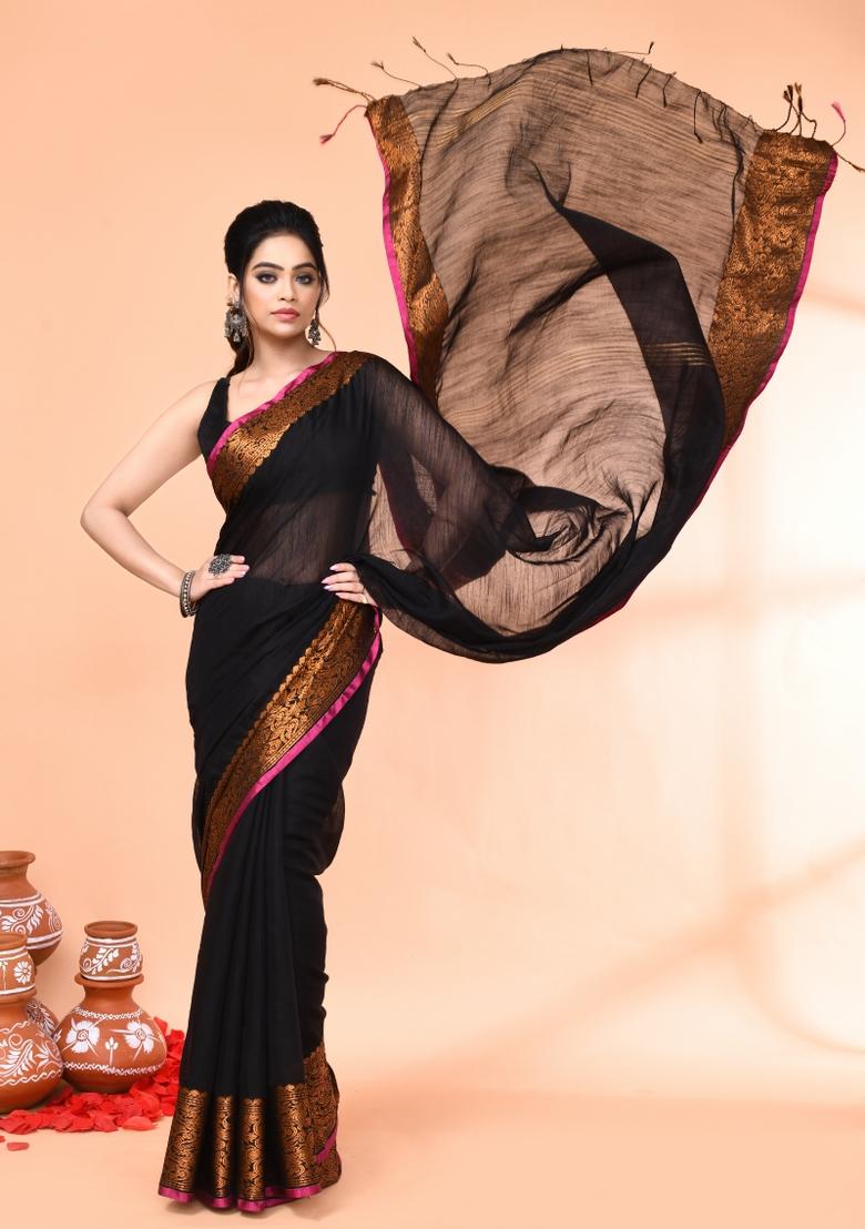 Black Embroidered Cotton Saree Set