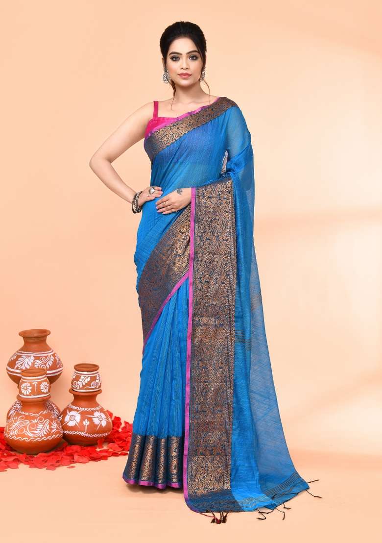 Sky Blue Embroidered Cotton Saree Set for Diwali and Festive Wear - Indya