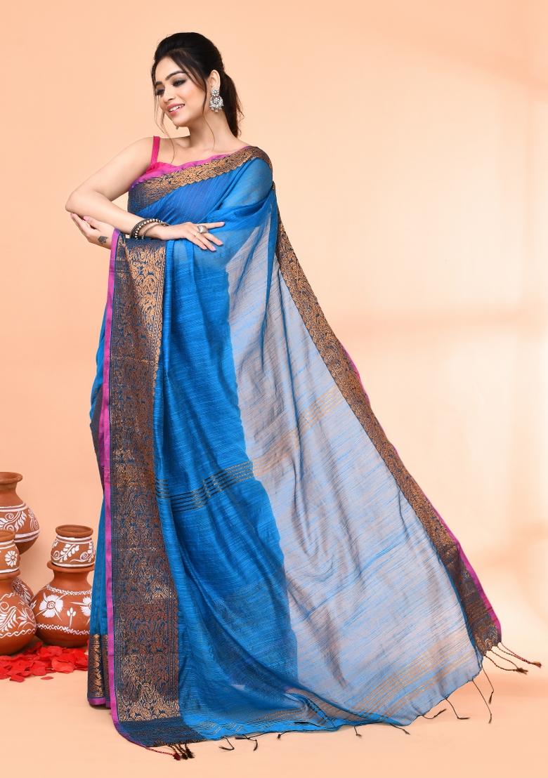 Sky Blue Embroidered Cotton Saree Set
