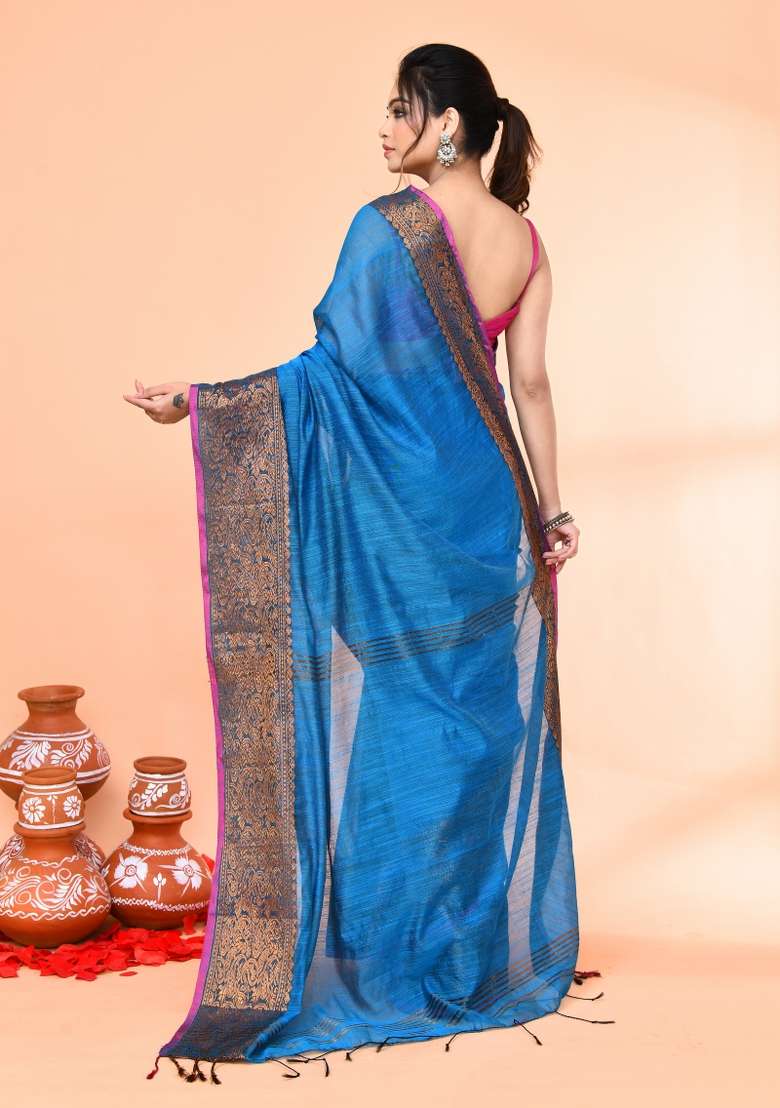 Sky Blue Embroidered Cotton Saree Set for Diwali and Festive Wear - Indya