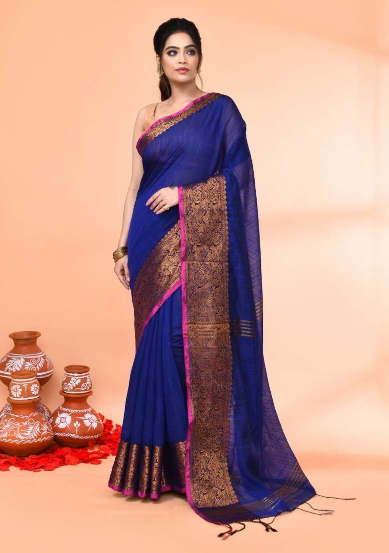 Royel Blue Cotton Saree Set with Embroidered for Diwali | Wedding & Festive Wear - Indya