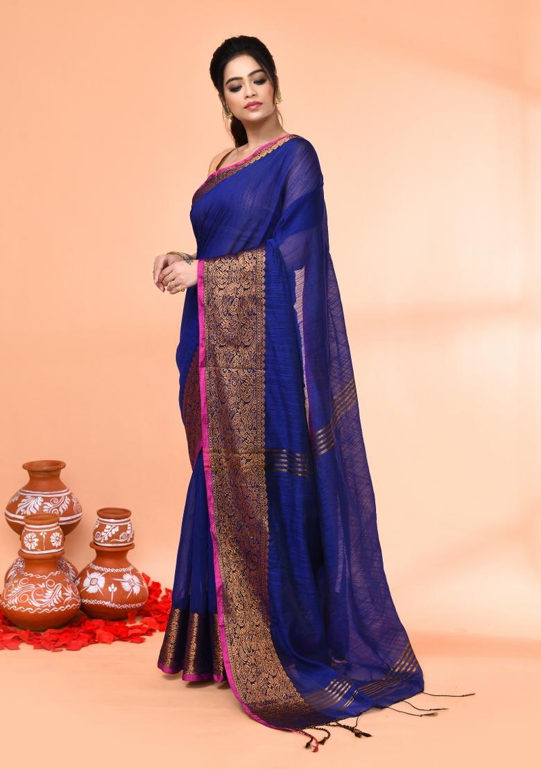 Royel Blue Embroidered Cotton Saree Set