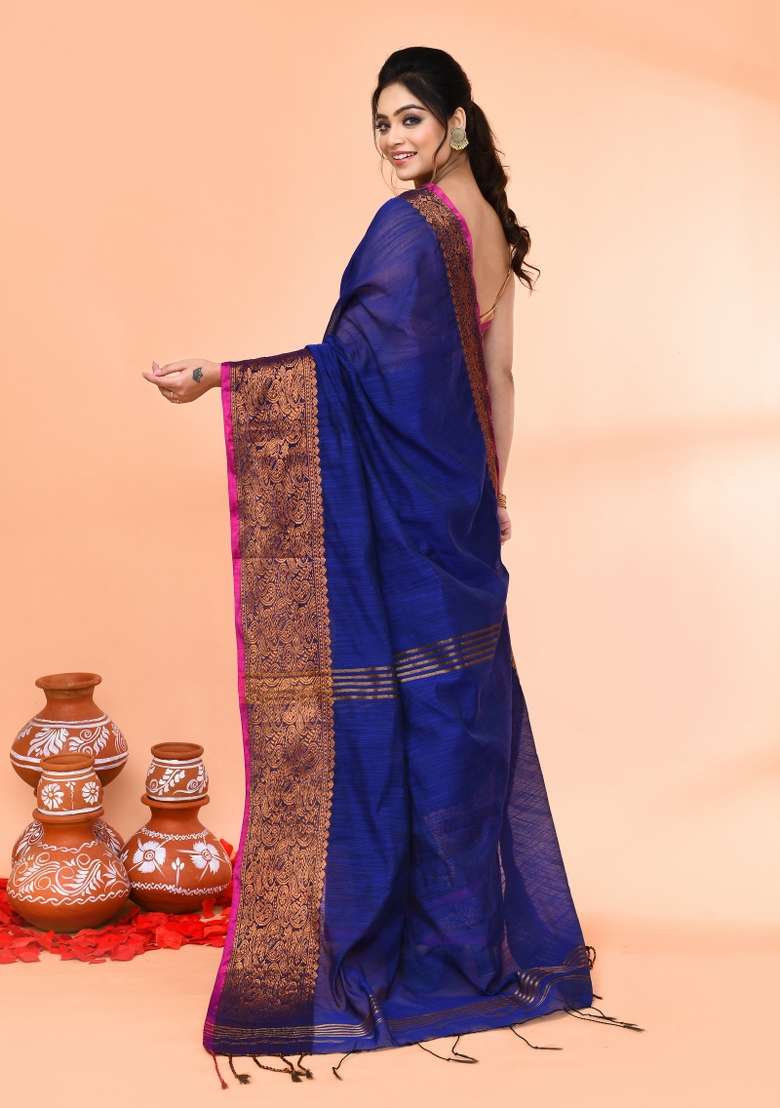 Royel Blue Cotton Saree Set with Embroidered for Diwali | Wedding & Festive Wear - Indya
