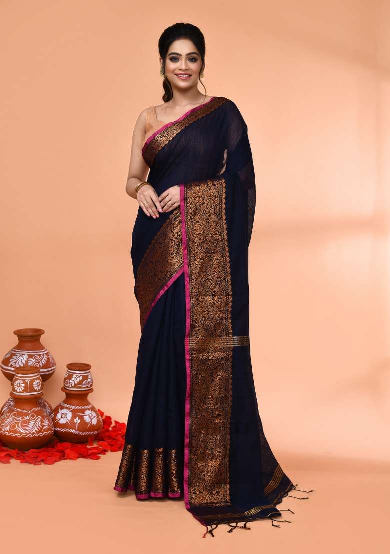 Navy Blue Cotton Saree Set with Embroidered for Diwali | Wedding & Festive Wear - Indya
