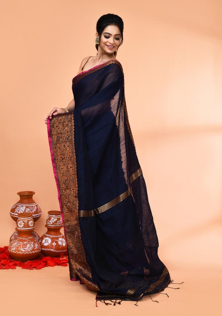 Navy Blue Embroidered Cotton Saree Set